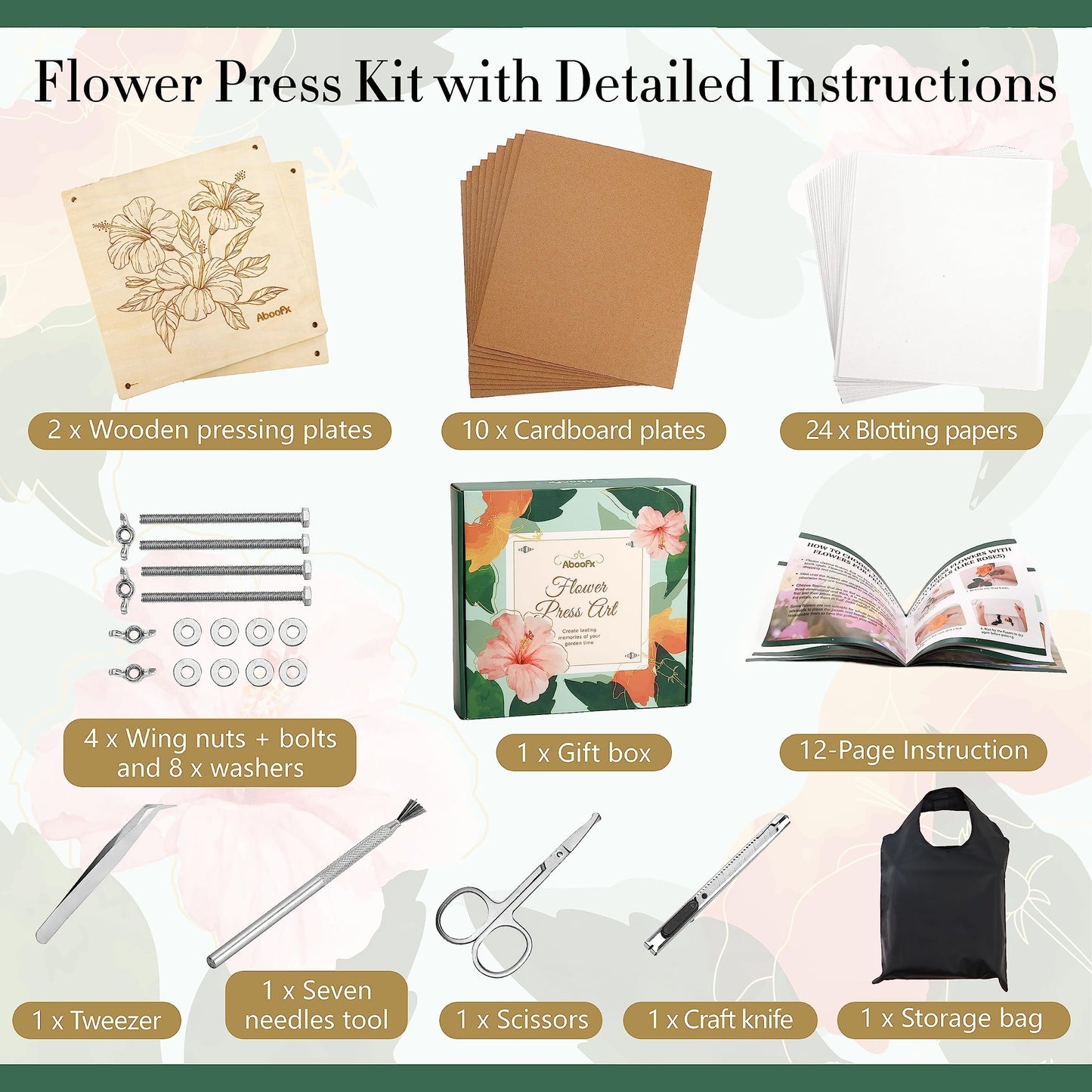 Aboofx Extra Large Flower Press Kit, 11" x 11" 10 Layers Wooden Flower Pressing Kit with Storage Bag, Flower Pressing Kit for Adults, DIY Pressed Flower Plant Preservation Kit